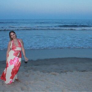 Floral Halter Maxi Dress - Red and White